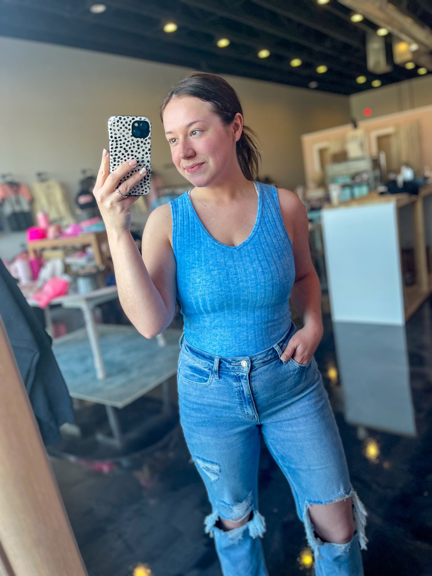 Spring Blue Cropped Ribbed Tank