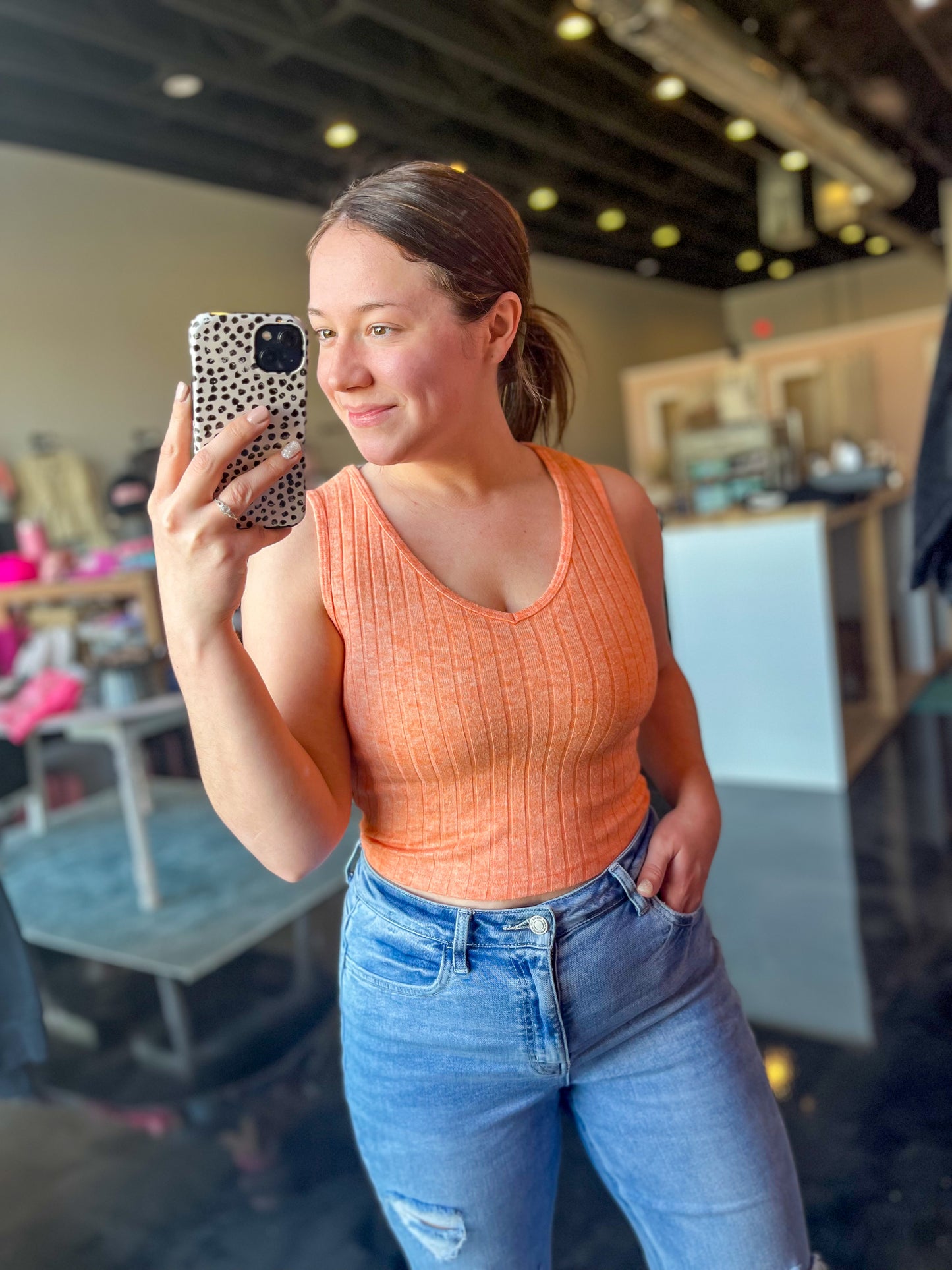 Coral Cropped Ribbed Tank