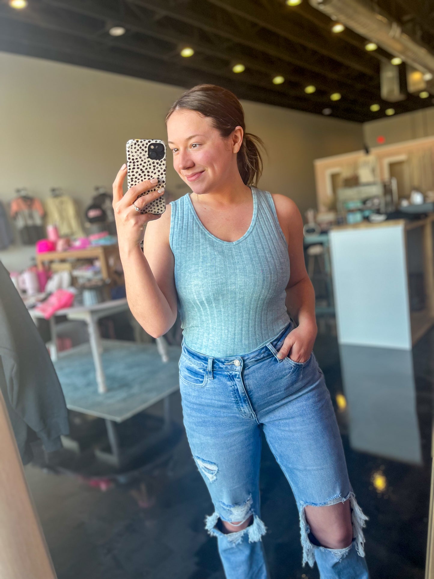 Dusty Blue Cropped Ribbed Tank