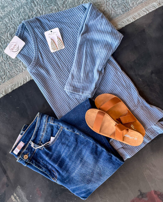 Dusty Blue Brushed Waffle Knit Top